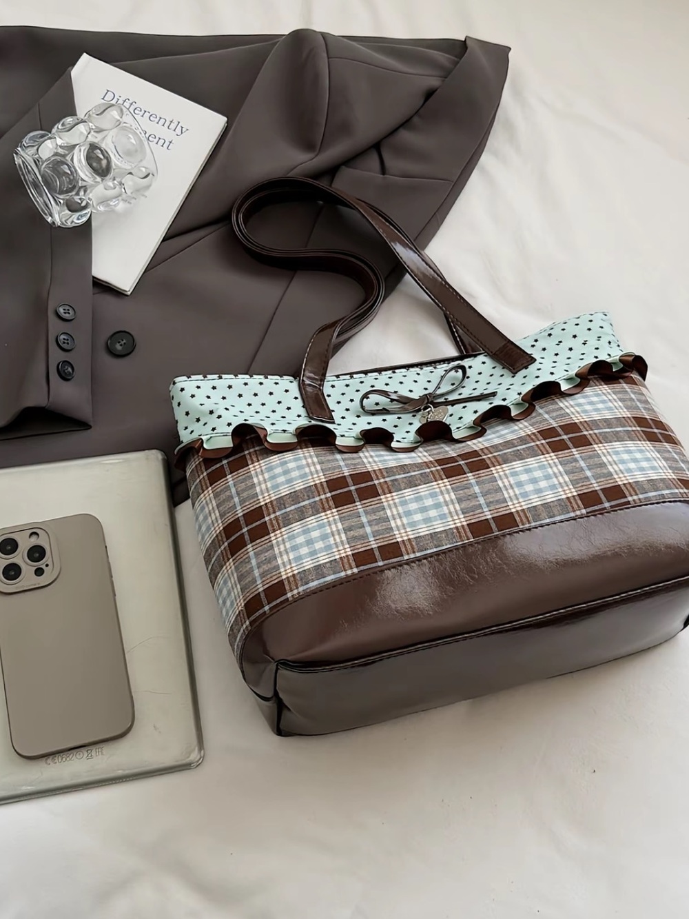 Brown Plaid Tote Bag with Light Blue Polka Dot Trim - Picture 3 of 5